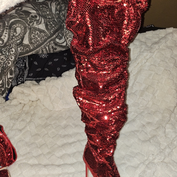 Red Sequin Women's Thigh High Boots - Picture 8 of 9